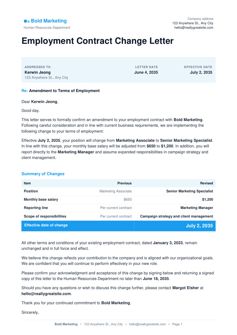 Employment Contract Change Letter - free template .docx | MobiTemplates